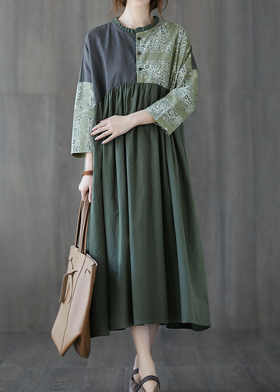 Green Patchwork Button Cotton Dresses Spring