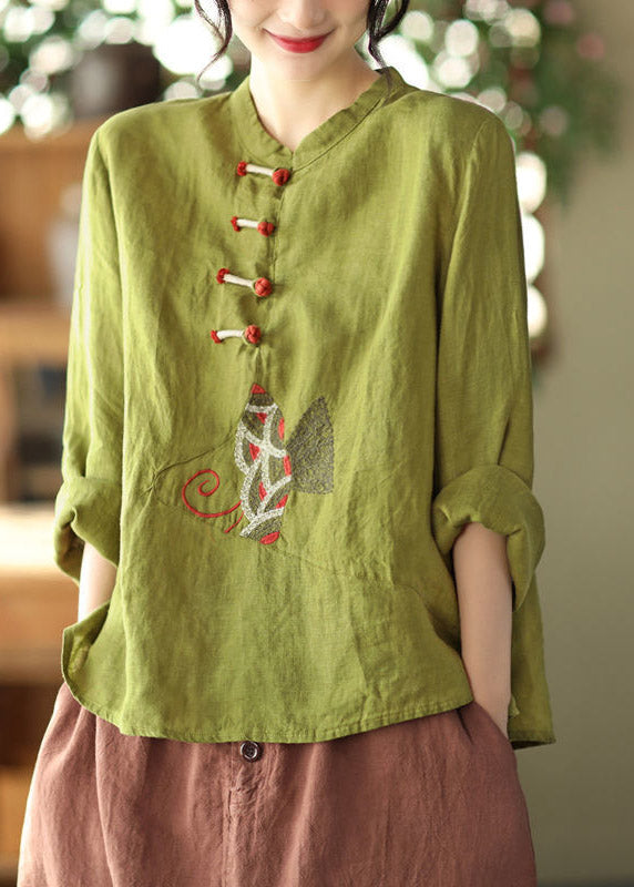 Green Patchwork Button Linen Tops Long Sleeve