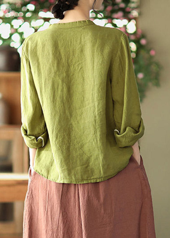 Green Patchwork Button Linen Tops Long Sleeve