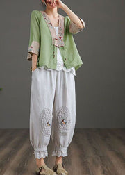 Green Patchwork Cotton Linen Loose Shirts Tassel Embroideried Bracelet Sleeve