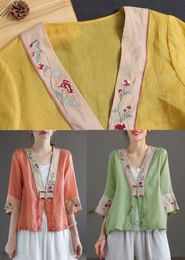 Green Patchwork Cotton Linen Loose Shirts Tassel Embroideried Bracelet Sleeve