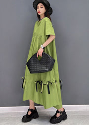 Green Patchwork Cotton Loose Dresses Solid Ruffles Short Sleeve