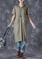 Green Patchwork Cotton Pullover Sweatshirt Dress Hooded Pockets Summer