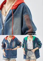 Green Patchwork Denim Coats Hooded Pockets Fall