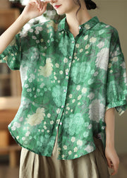 Green Patchwork Linen Shirt Top Button Print Half Sleeve