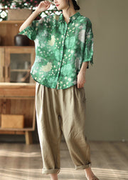 Green Patchwork Linen Shirt Top Button Print Half Sleeve