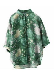 Green Patchwork Linen Shirt Top Button Print Half Sleeve