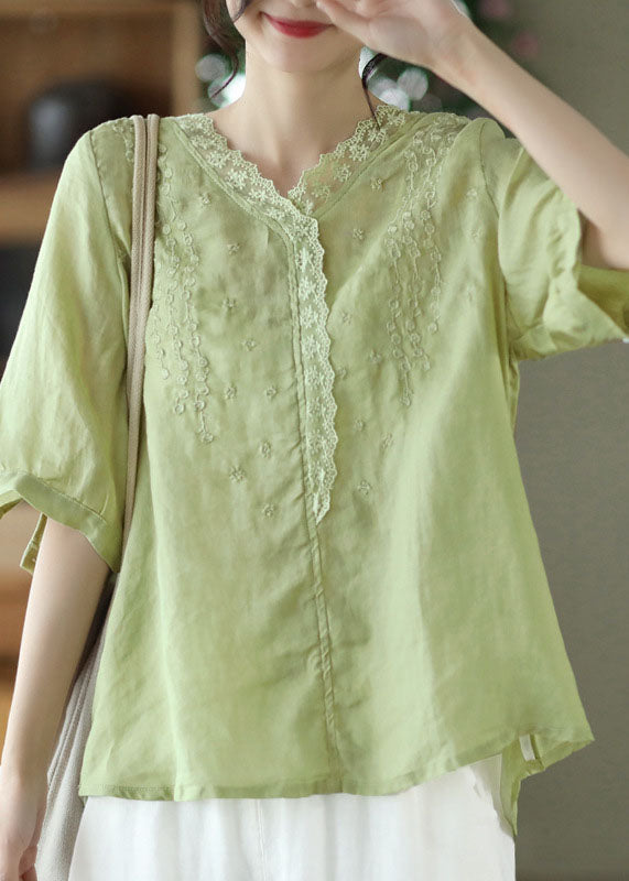 Green Patchwork Linen Shirt Top Embroideried Half Sleeve