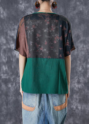 Green Patchwork Linen Shirts V Neck Print Summer