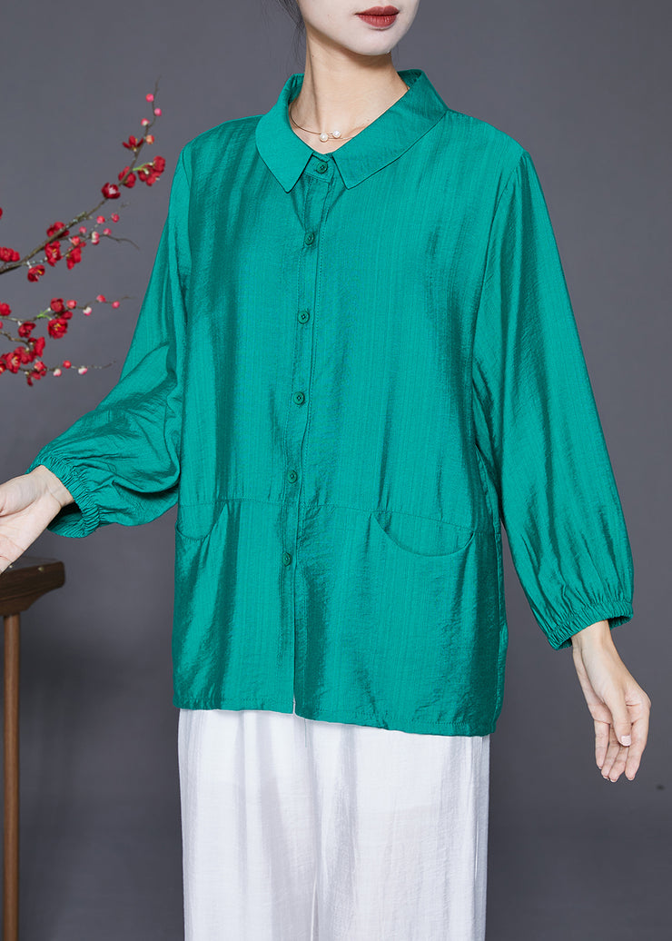 Green Patchwork Linen Silk Shirt Tops Peter Pan Collar Pockets Fall