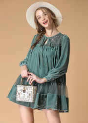 Green Patchwork Velour Day Dress Embroidered Hollow Out Spring