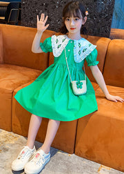 Green Peter Pan Collar Button Cotton Kids Mid Dresses Peter Pan Collar Summer