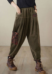 Green Pockets Elastic Waist Corduroy Fleece Pants