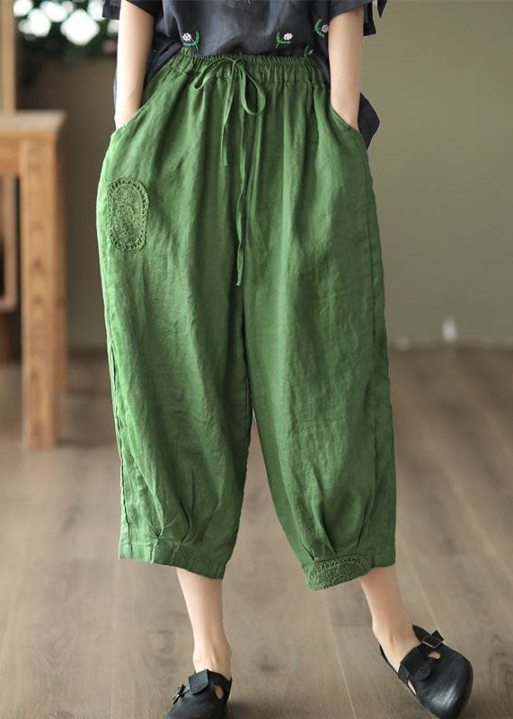 Green Pockets Linen Crop Pants Embroidered Summer