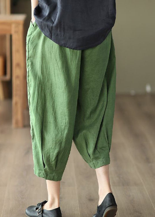 Green Pockets Linen Crop Pants Embroidered Summer