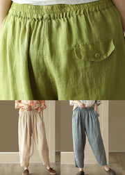 Green Pockets Loose Linen Crop Pants Elastic Waist Summer