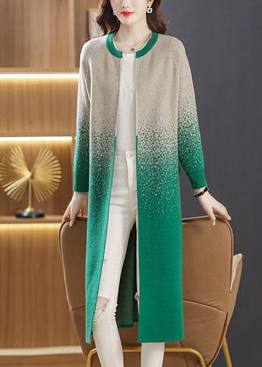 Green Pockets Patchwork Knit Long Cardigans O Neck Fall