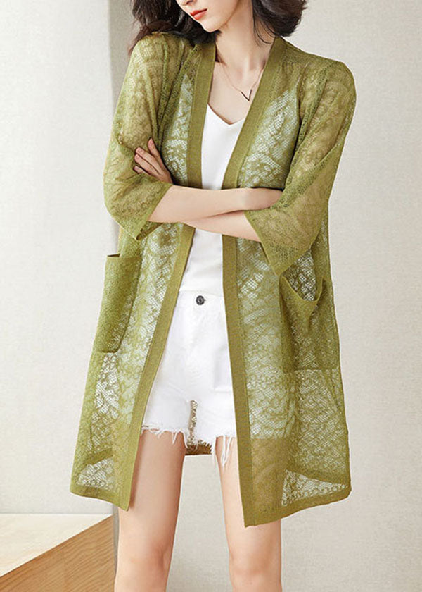 Green Pockets Patchwork Lace Cardigan V Neck Hollow Out Summer