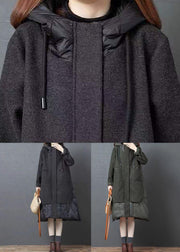 Green Pockets Patchwork Thick Long Coat  Zip Up Long Sleeve