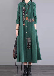 Green Pockets Patchwork Warm Fleece Maxi Dresses Peter Pan Collar Winter