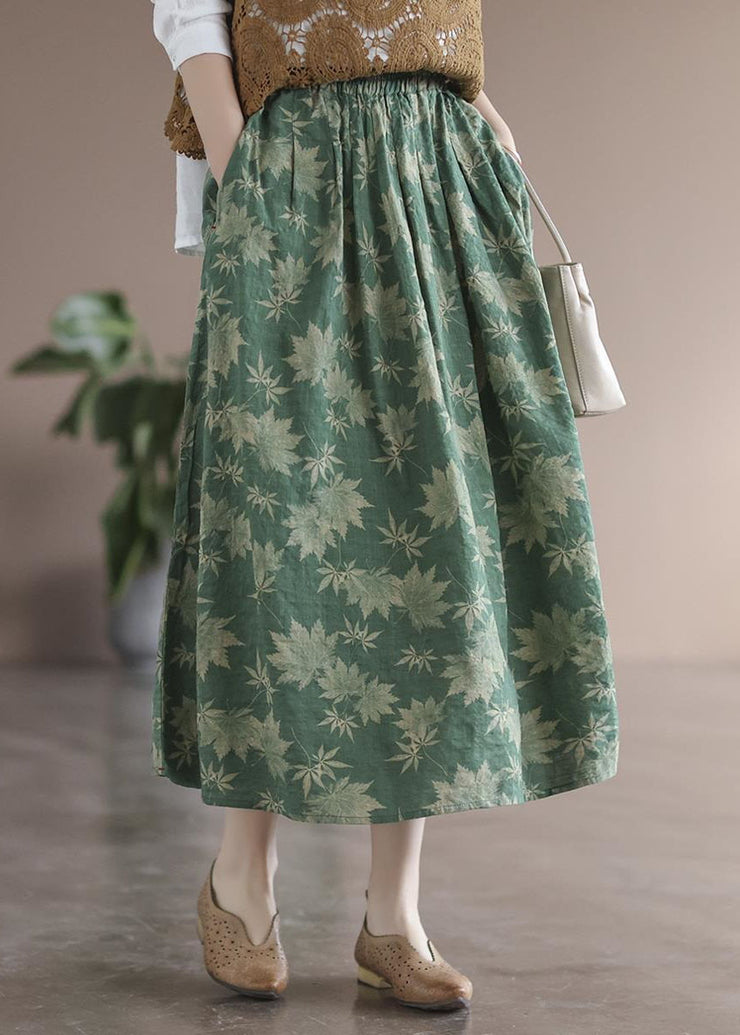 Green Pockets Print Linen Skirt Wrinkled Spring