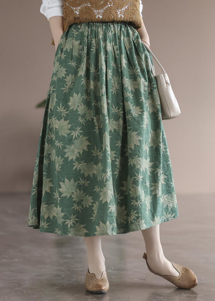 Green Pockets Print Linen Skirt Wrinkled Spring