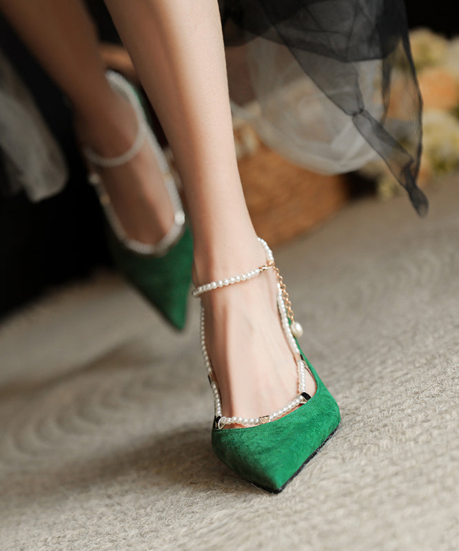 Green Pointed Toe Stylish Beading Splicing Stiletto High Heels