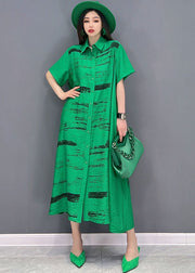 Green Print Cotton Loose Shirt Dress Peter Pan Collar Button Short Sleeve