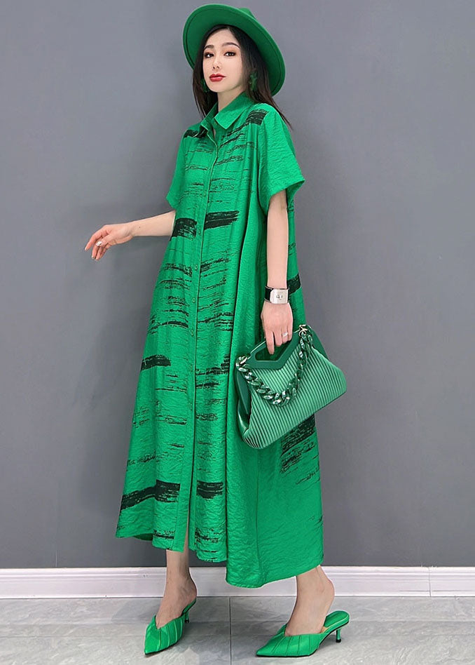 Green Print Cotton Loose Shirt Dress Peter Pan Collar Button Short Sleeve