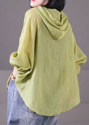 Green Print Cotton Loose Sweatshirts Top Drawstring Wrinkled Long Sleeve