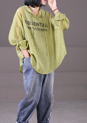 Green Print Cotton Loose Sweatshirts Top Drawstring Wrinkled Long Sleeve