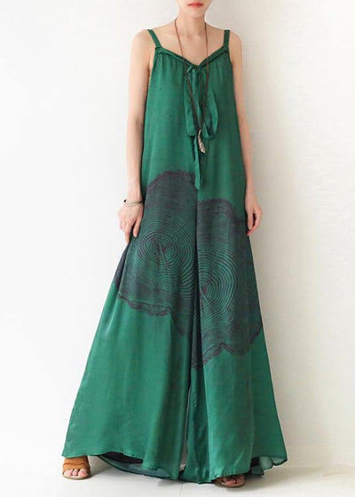 Green Print Jumpsuit Summer Strap Wide Leg Pants - bagstylebliss