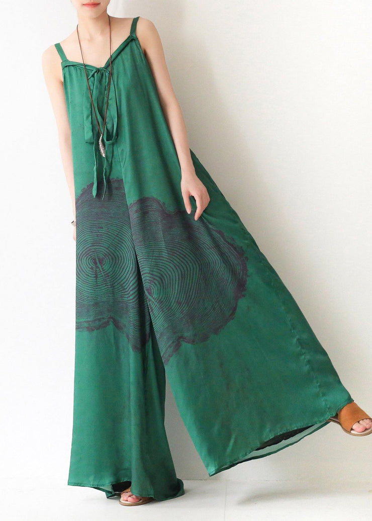 Green Print Jumpsuit Summer Strap Wide Leg Pants - bagstylebliss