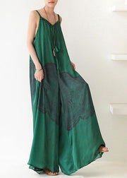 Green Print Jumpsuit Summer Strap Wide Leg Pants - bagstylebliss