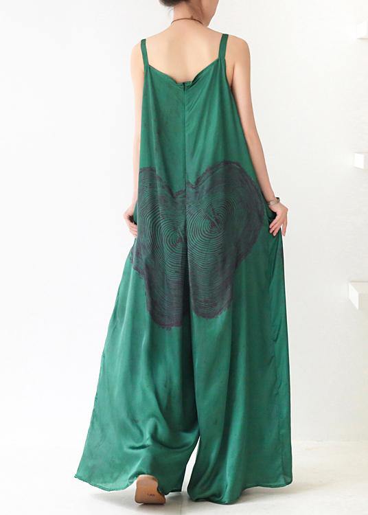 Green Print Jumpsuit Summer Strap Wide Leg Pants - bagstylebliss