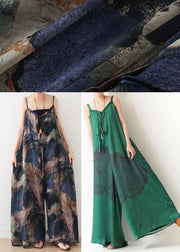 Green Print Jumpsuit Summer Strap Wide Leg Pants - bagstylebliss