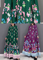 Green Print Long Beach Dresses wrinkled Long Sleeve