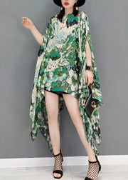 Green Print Loose Chiffon Dress Asymmetrical Design Batwing Sleeve