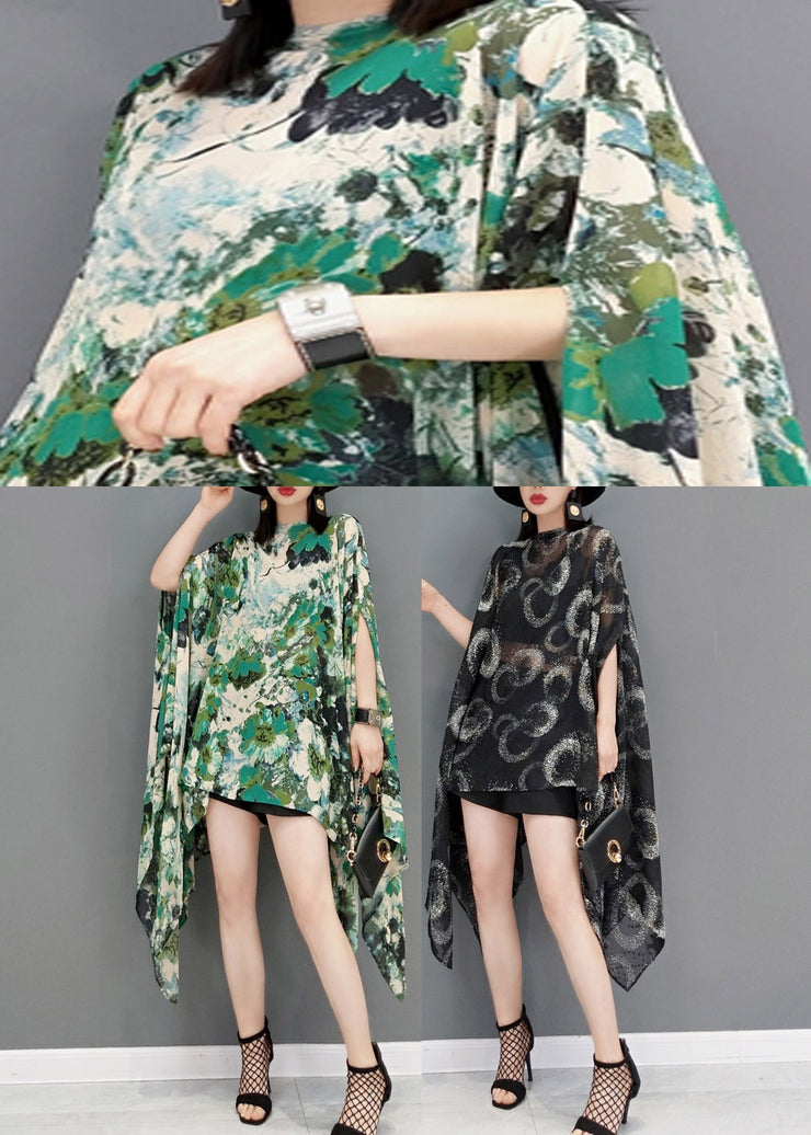 Green Print Loose Chiffon Dress Asymmetrical Design Batwing Sleeve