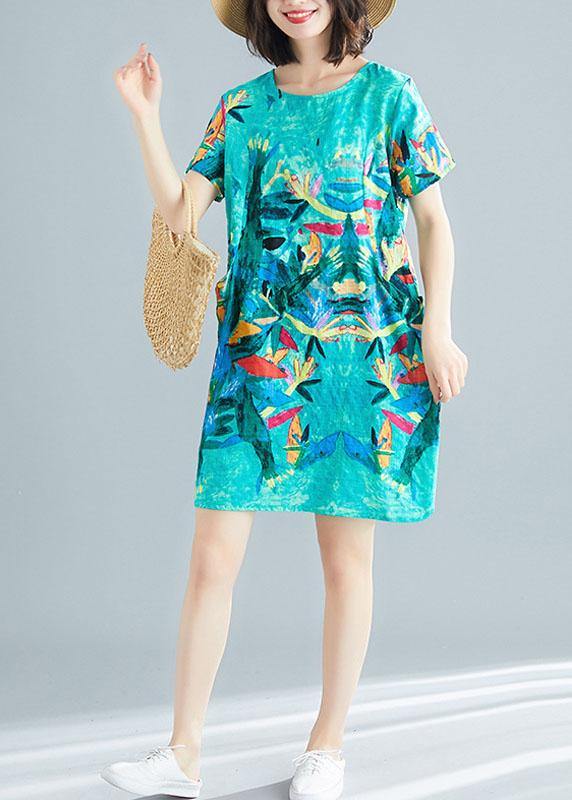 Green Print O-Neck Pockets Summer Short Sleeve Party Dresses - bagstylebliss