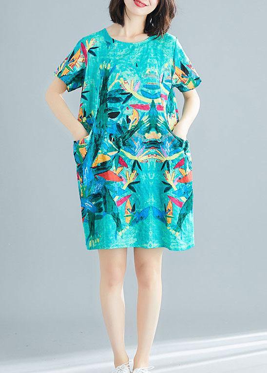 Green Print O-Neck Pockets Summer Short Sleeve Party Dresses - bagstylebliss