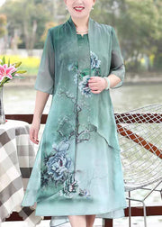 Green Print Patchwork Chiffon Dresses False Two Pieces Summer Half Sleeve