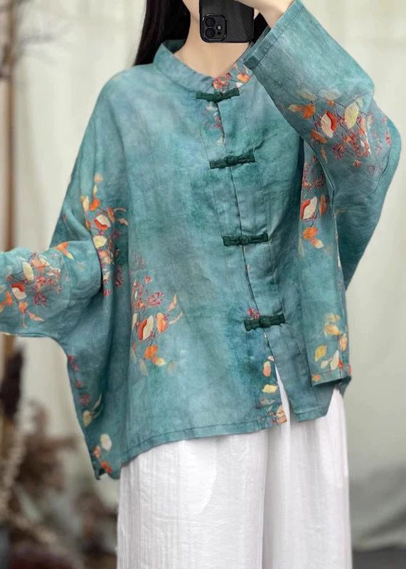 Green Print Patchwork Linen Coat O Neck Long Sleeve