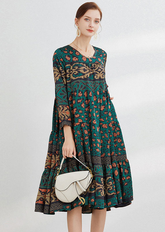 Green Print Patchwork Satin Loose Dresses Spring