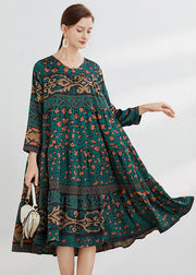 Green Print Patchwork Satin Loose Dresses Spring