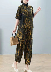 Green Print Shirt And Harem Pants Two Pieces Set Half Sleeve