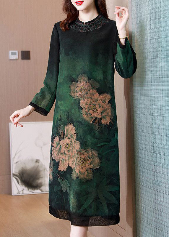 Green Print Silk Long Dress Patchwork Stand Collar Spring