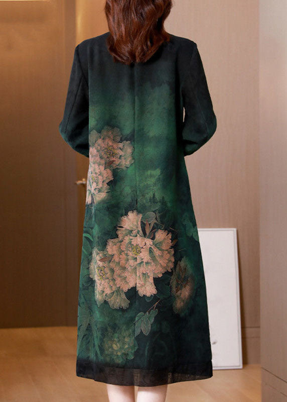 Green Print Silk Long Dress Patchwork Stand Collar Spring