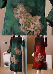 Green Print Silk Long Dress Patchwork Stand Collar Spring