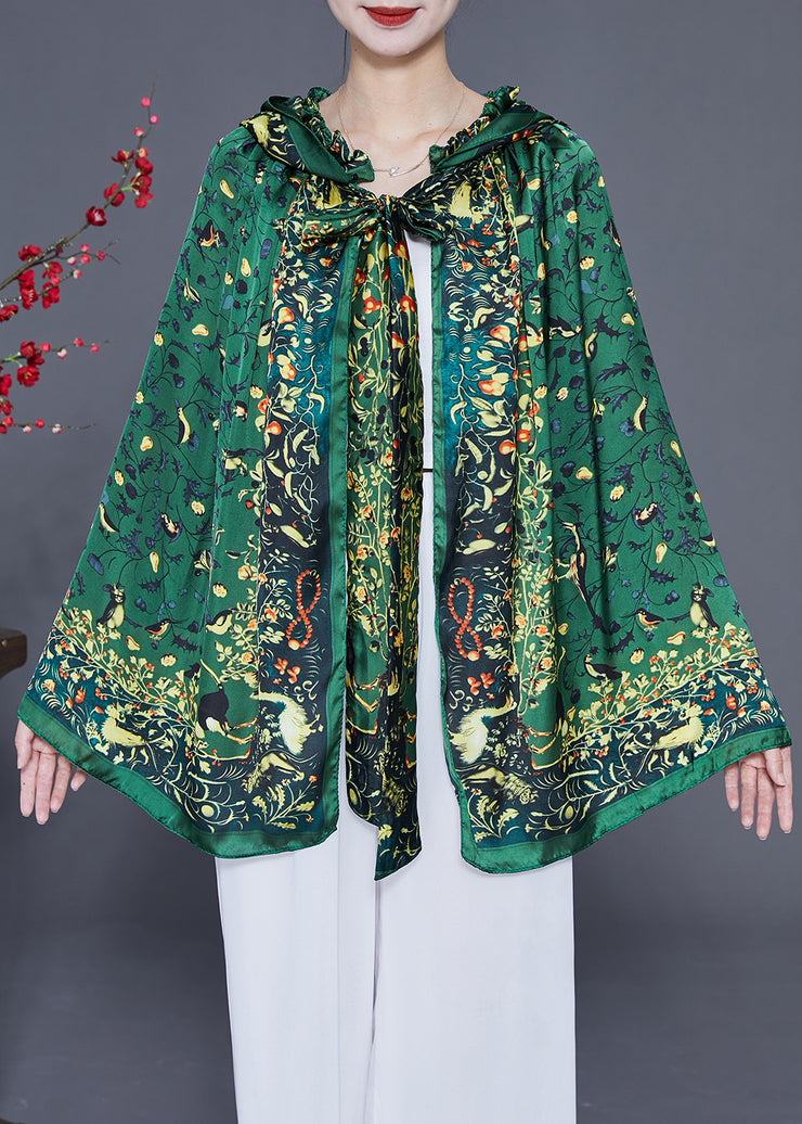 Green Print Silk Shawl Hooded